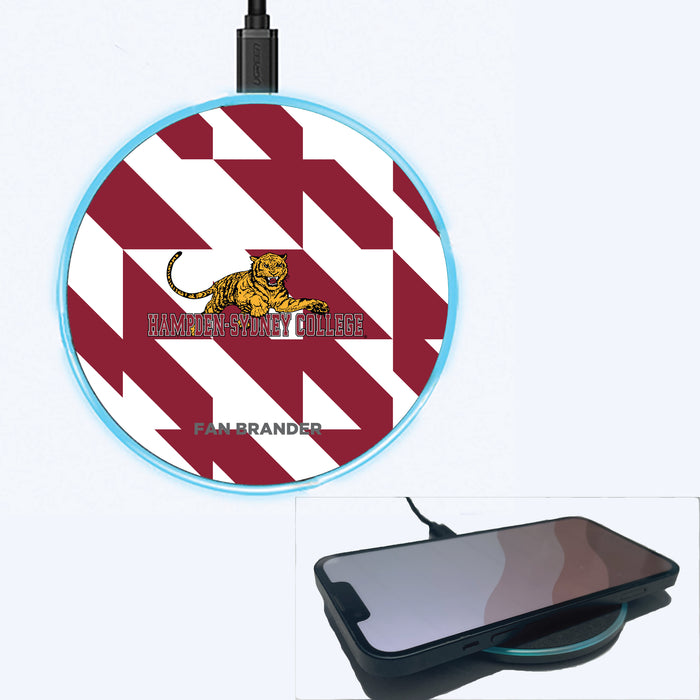 Fan Brander Grey 15W Wireless Charger with Hampden Sydney Primary Logo on Geometric Quad Background