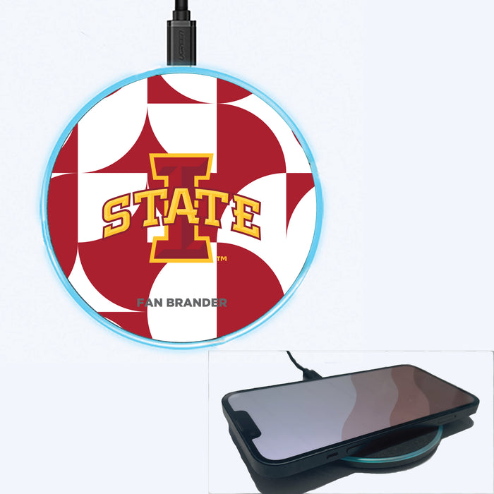Fan Brander Grey 15W Wireless Charger with Iowa State Cyclones Primary Logo on Geometric Circle Background