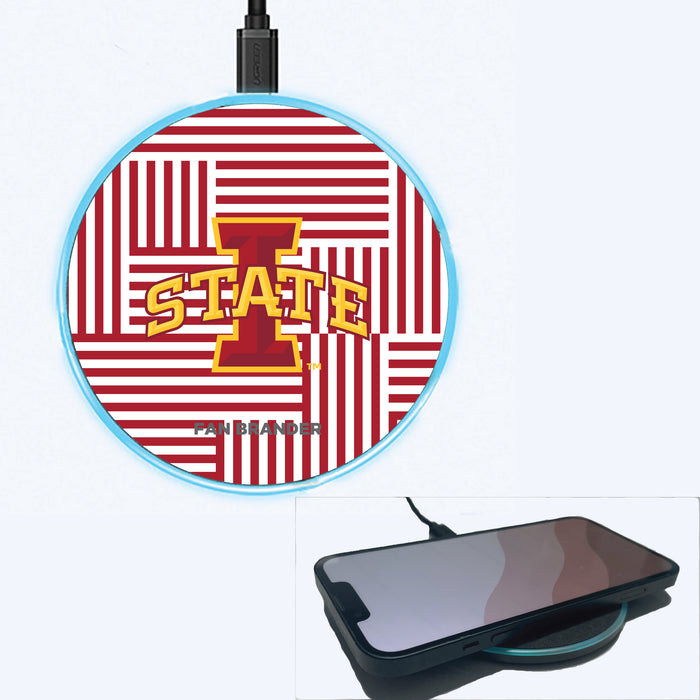 Fan Brander Grey 15W Wireless Charger with Iowa State Cyclones Primary Logo on Geometric Lines Background