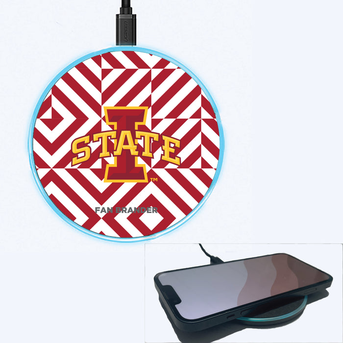 Fan Brander Grey 15W Wireless Charger with Iowa State Cyclones Primary Logo on Geometric Diamonds Background