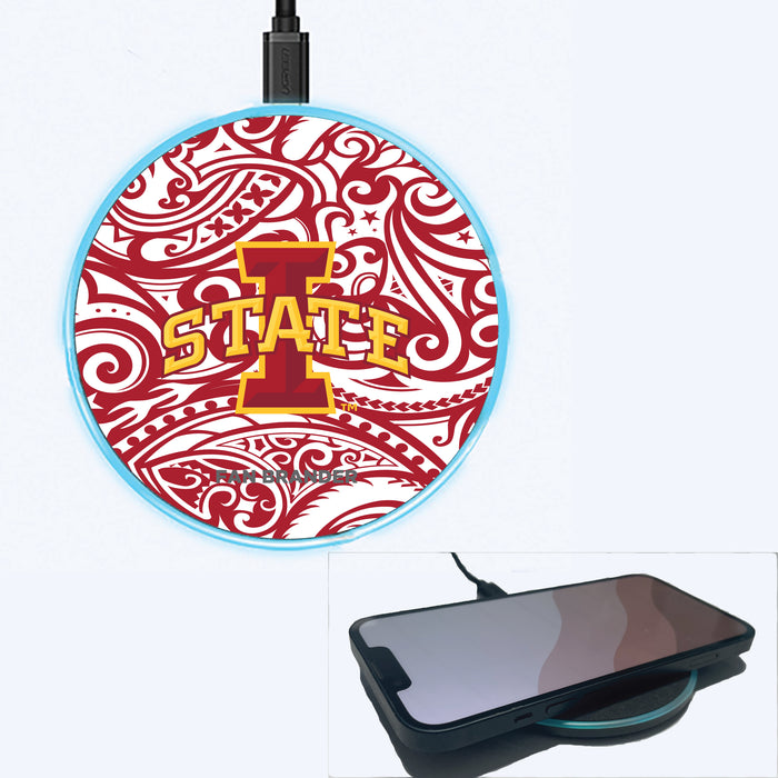 Fan Brander Grey 15W Wireless Charger with Iowa State Cyclones Primary Logo With Team Color Tribal Background