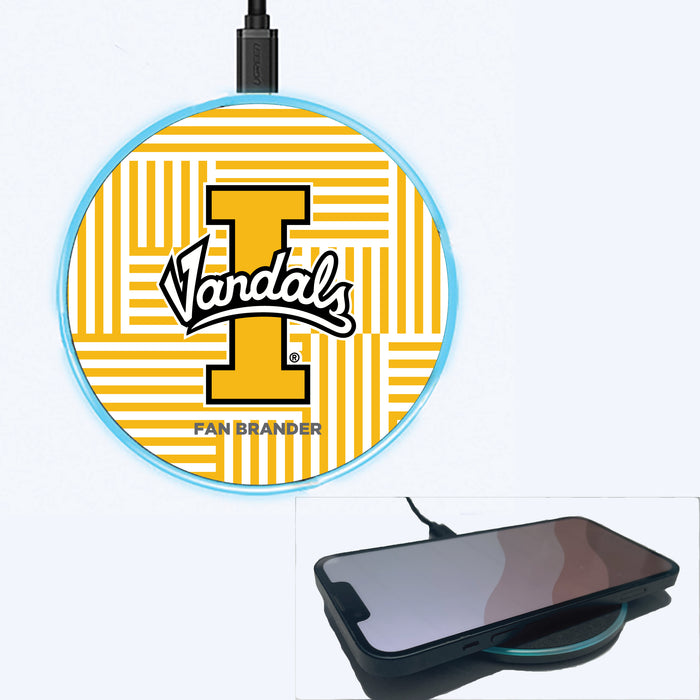 Fan Brander Grey 15W Wireless Charger with Idaho Vandals Primary Logo on Geometric Lines Background