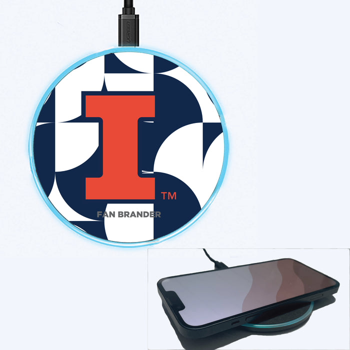 Fan Brander Grey 15W Wireless Charger with Illinois Fighting Illini Primary Logo on Geometric Circle Background