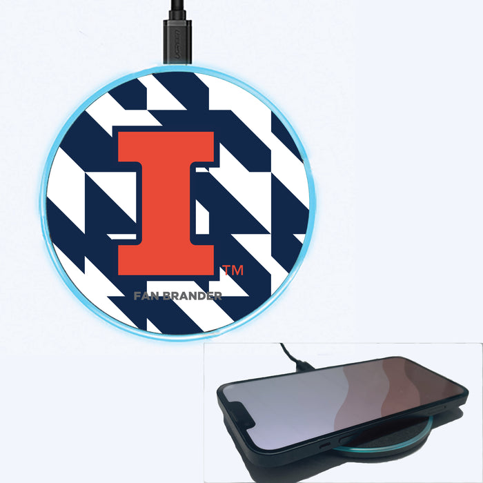 Fan Brander Grey 15W Wireless Charger with Illinois Fighting Illini Primary Logo on Geometric Quad Background