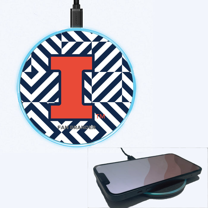 Fan Brander Grey 15W Wireless Charger with Illinois Fighting Illini Primary Logo on Geometric Diamonds Background