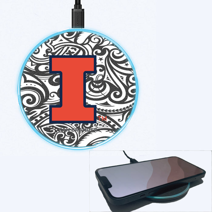 Fan Brander Grey 15W Wireless Charger with Illinois Fighting Illini Primary Logo With Black Tribal