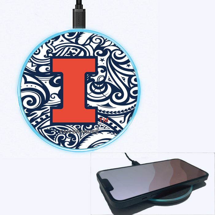 Fan Brander Grey 15W Wireless Charger with Illinois Fighting Illini Primary Logo With Team Color Tribal Background