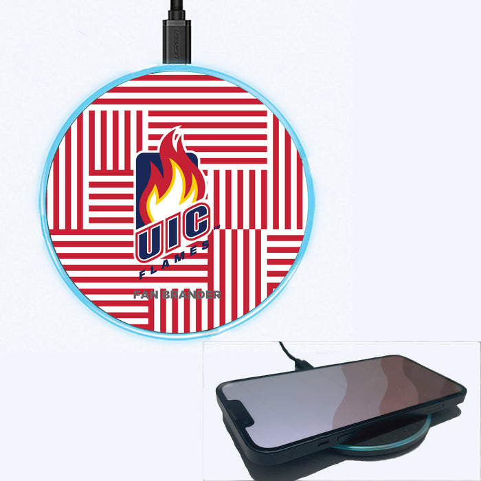 Fan Brander Grey 15W Wireless Charger with Illinois @ Chicago Flames Primary Logo on Geometric Lines Background