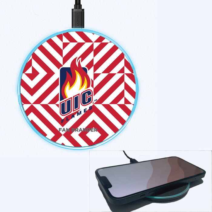 Fan Brander Grey 15W Wireless Charger with Illinois @ Chicago Flames Primary Logo on Geometric Diamonds Background