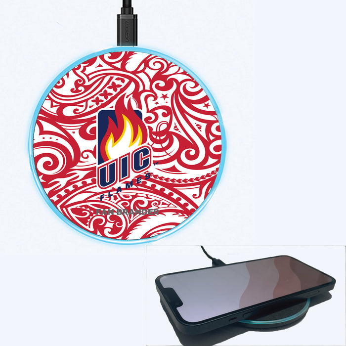 Fan Brander Grey 15W Wireless Charger with Illinois @ Chicago Flames Primary Logo With Team Color Tribal Background