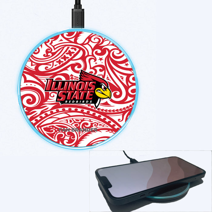 Fan Brander Grey 15W Wireless Charger with Illinois State Redbirds Primary Logo With Team Color Tribal Background