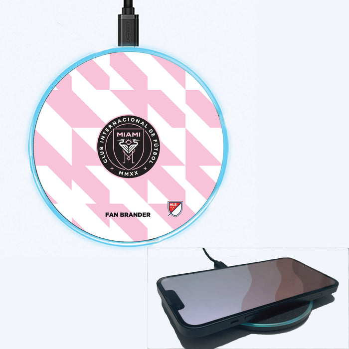 Fan Brander Grey 15W Wireless Charger with Inter Miami CF Primary Logo on Geometric Quad Background