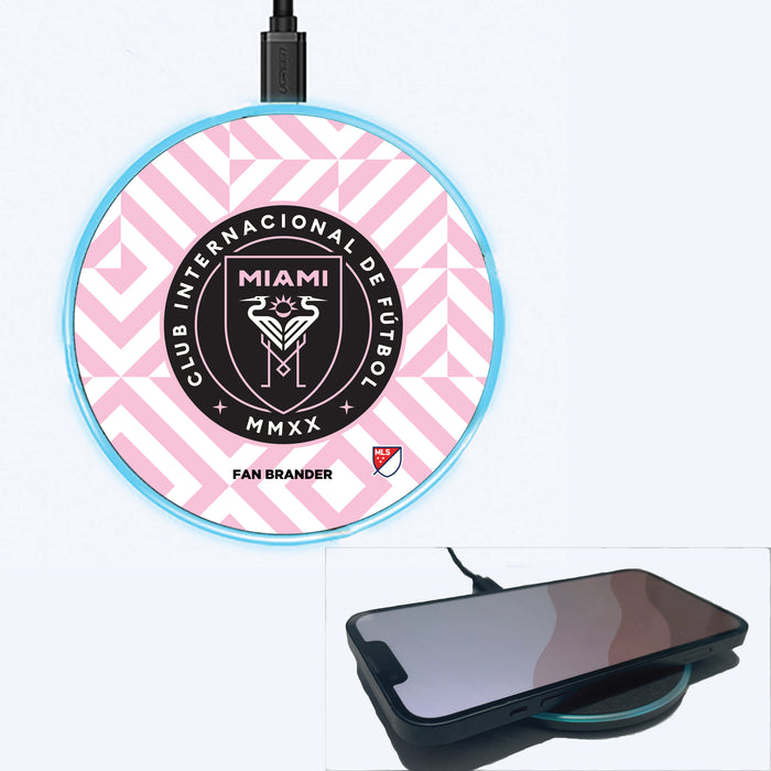 Fan Brander Grey 15W Wireless Charger with Inter Miami CF Primary Logo on Geometric Diamonds Background