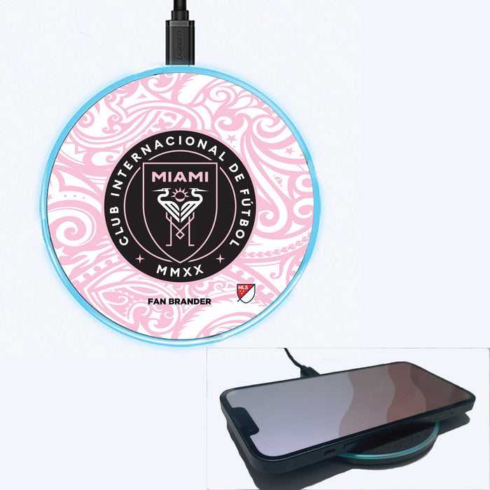 Fan Brander Grey 15W Wireless Charger with Inter Miami CF Primary Logo With Team Color Tribal Background