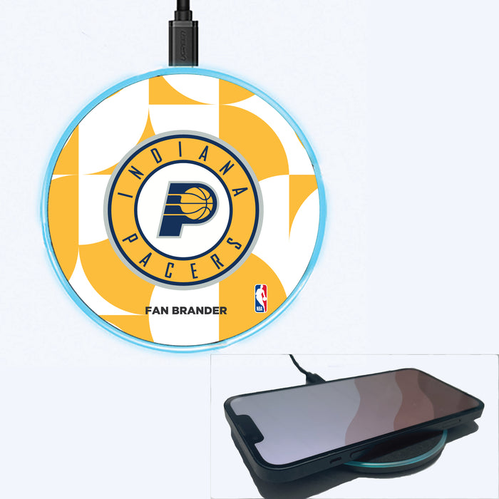 Fan Brander Grey 15W Wireless Charger with Indiana Pacers Primary Logo on Geometric Circle Background