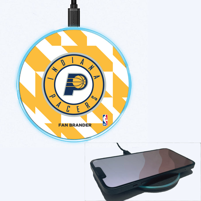 Fan Brander Grey 15W Wireless Charger with Indiana Pacers Primary Logo on Geometric Quad Background