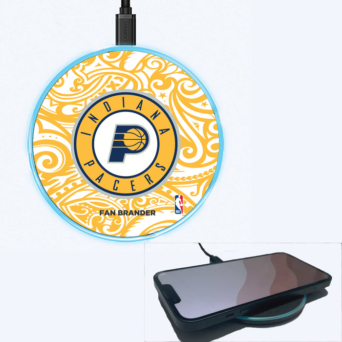 Fan Brander Grey 15W Wireless Charger with Indiana Pacers Primary Logo With Team Color Tribal Background