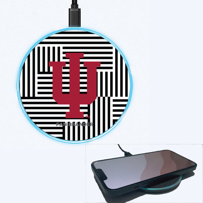 Fan Brander Grey 15W Wireless Charger with Indiana Hoosiers Primary Logo on Geometric Lines Background