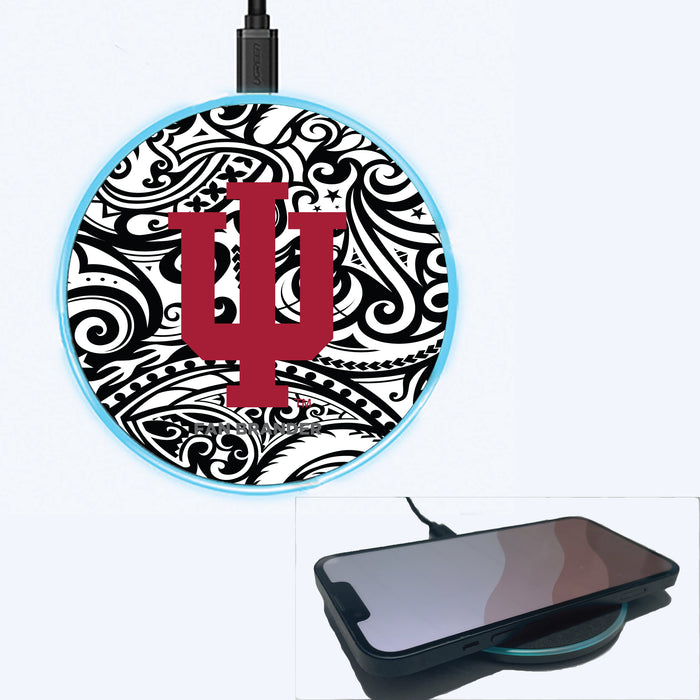Fan Brander Grey 15W Wireless Charger with Indiana Hoosiers Primary Logo With Team Color Tribal Background