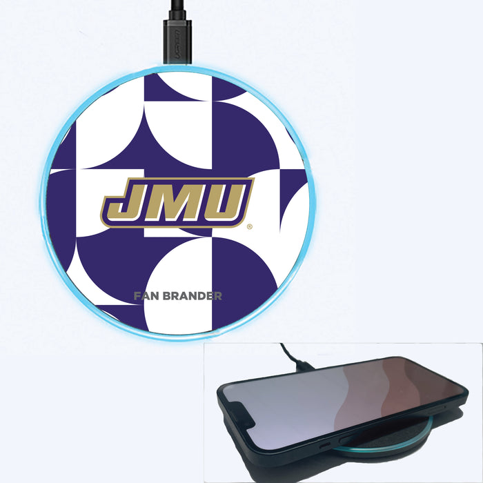Fan Brander Grey 15W Wireless Charger with James Madison Dukes Primary Logo on Geometric Circle Background