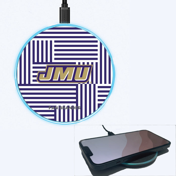 Fan Brander Grey 15W Wireless Charger with James Madison Dukes Primary Logo on Geometric Lines Background