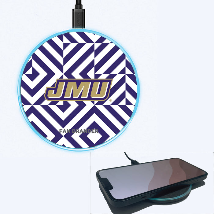 Fan Brander Grey 15W Wireless Charger with James Madison Dukes Primary Logo on Geometric Diamonds Background