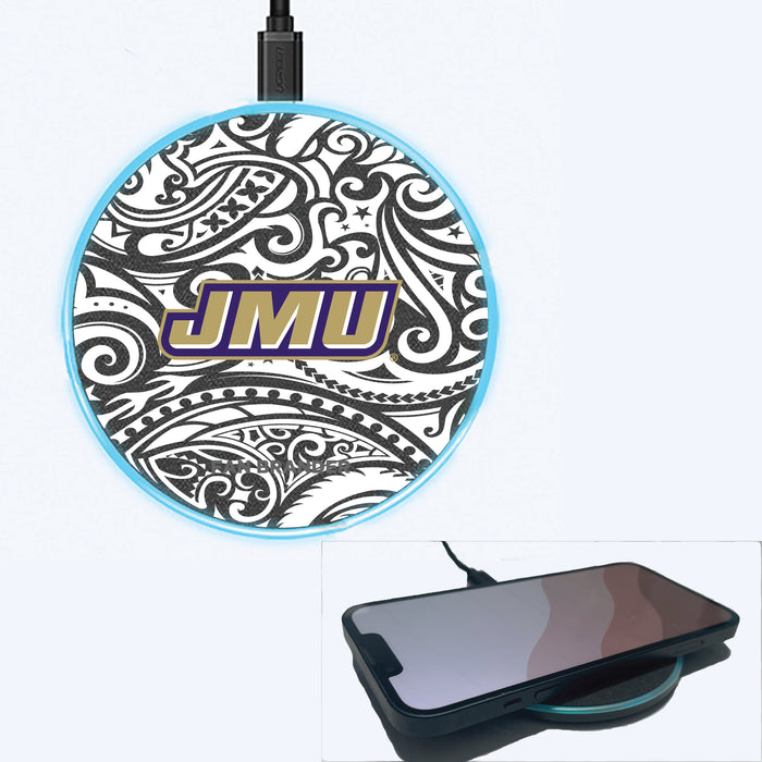Fan Brander Grey 15W Wireless Charger with James Madison Dukes Primary Logo With Black Tribal
