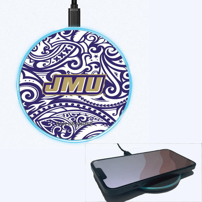 Fan Brander Grey 15W Wireless Charger with James Madison Dukes Primary Logo With Team Color Tribal Background