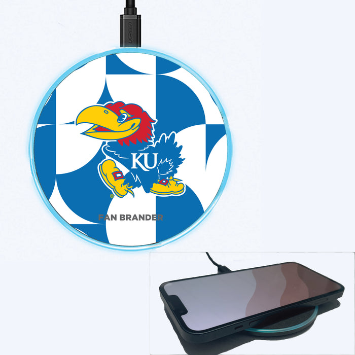 Fan Brander Grey 15W Wireless Charger with Kansas Jayhawks Primary Logo on Geometric Circle Background