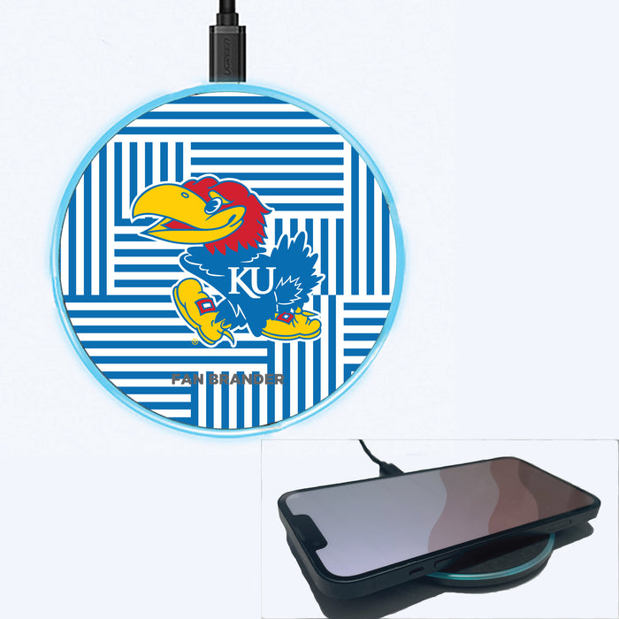 Fan Brander Grey 15W Wireless Charger with Kansas Jayhawks Primary Logo on Geometric Lines Background