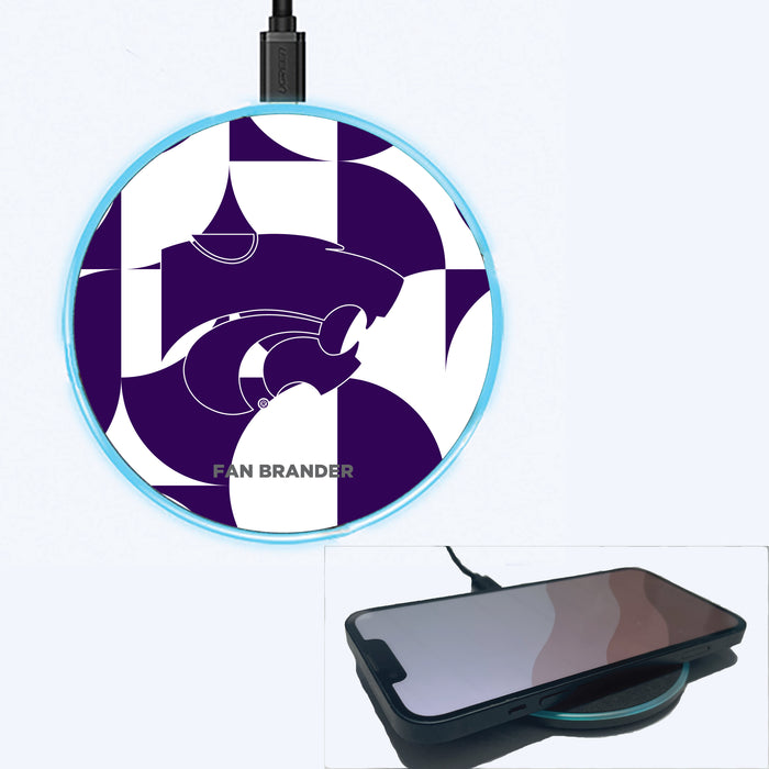 Fan Brander Grey 15W Wireless Charger with Kansas State Wildcats Primary Logo on Geometric Circle Background