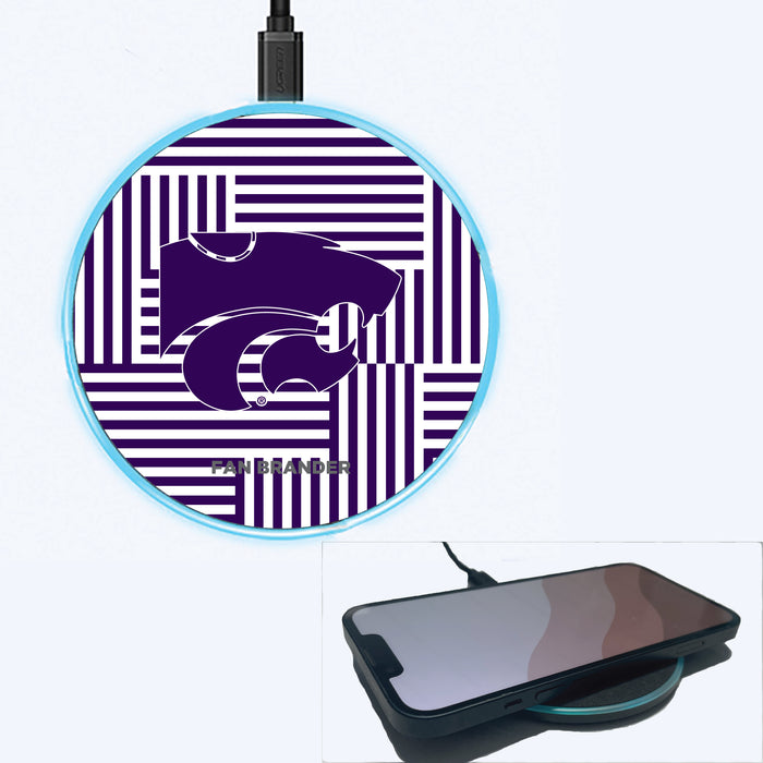 Fan Brander Grey 15W Wireless Charger with Kansas State Wildcats Primary Logo on Geometric Lines Background