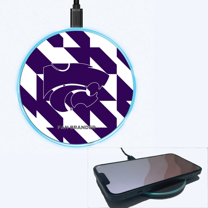 Fan Brander Grey 15W Wireless Charger with Kansas State Wildcats Primary Logo on Geometric Quad Background