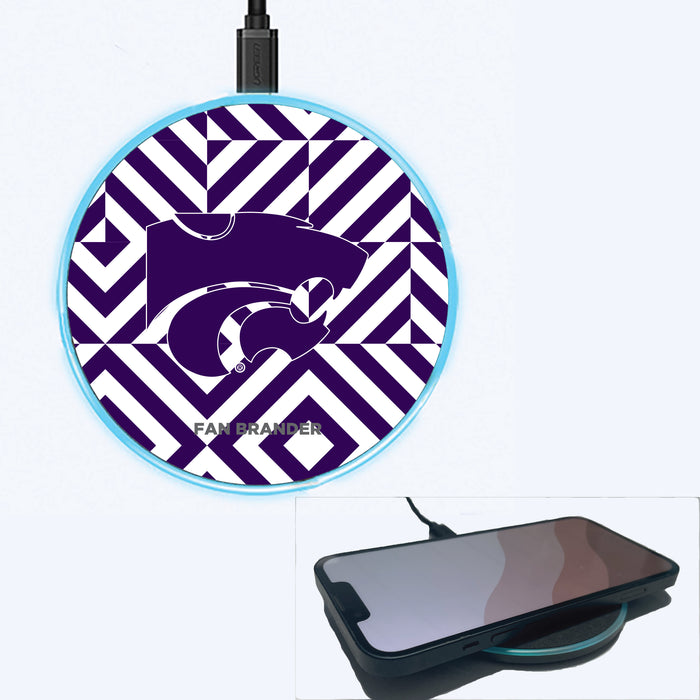 Fan Brander Grey 15W Wireless Charger with Kansas State Wildcats Primary Logo on Geometric Diamonds Background