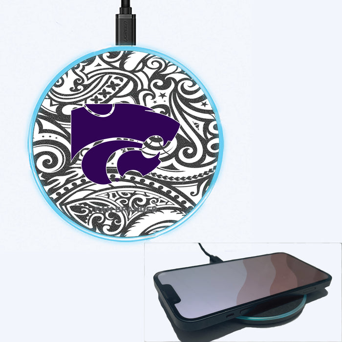 Fan Brander Grey 15W Wireless Charger with Kansas State Wildcats Primary Logo With Black Tribal