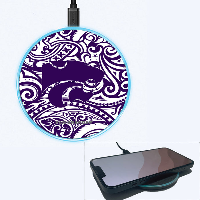 Fan Brander Grey 15W Wireless Charger with Kansas State Wildcats Primary Logo With Team Color Tribal Background