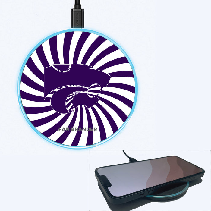 Fan Brander Grey 15W Wireless Charger with Kansas State Wildcats Primary Logo With Team Groovey Burst