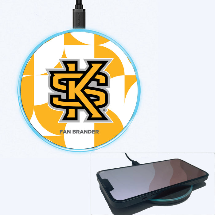 Fan Brander Grey 15W Wireless Charger with Kennesaw State Owls Primary Logo on Geometric Circle Background