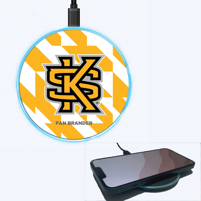 Fan Brander Grey 15W Wireless Charger with Kennesaw State Owls Primary Logo on Geometric Quad Background