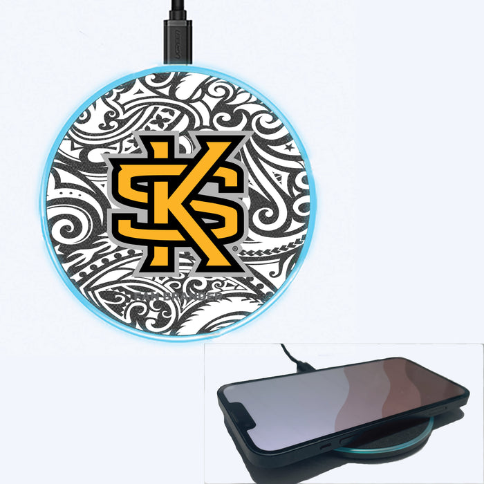 Fan Brander Grey 15W Wireless Charger with Kennesaw State Owls Primary Logo With Black Tribal