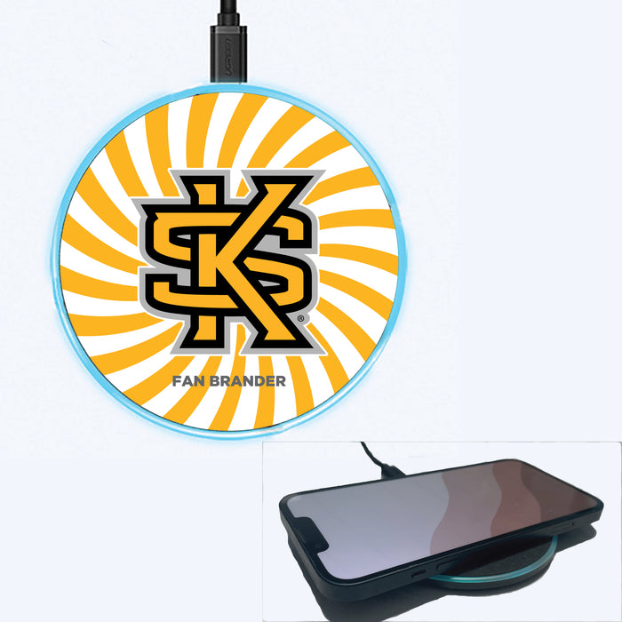 Fan Brander Grey 15W Wireless Charger with Kennesaw State Owls Primary Logo With Team Groovey Burst