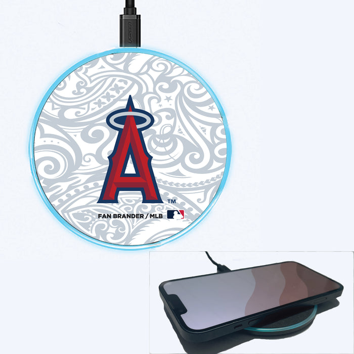 Fan Brander Grey 15W Wireless Charger with Los Angeles Angels Primary Logo With Team Color Tribal Background