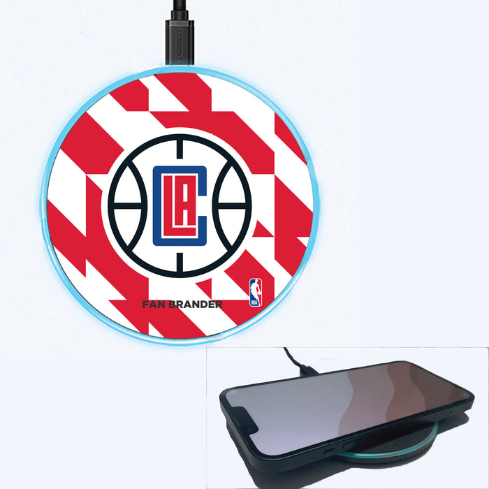 Fan Brander Grey 15W Wireless Charger with LA Clippers Primary Logo on Geometric Quad Background