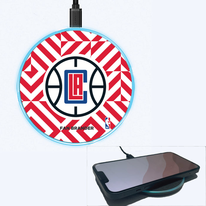 Fan Brander Grey 15W Wireless Charger with LA Clippers Primary Logo on Geometric Diamonds Background