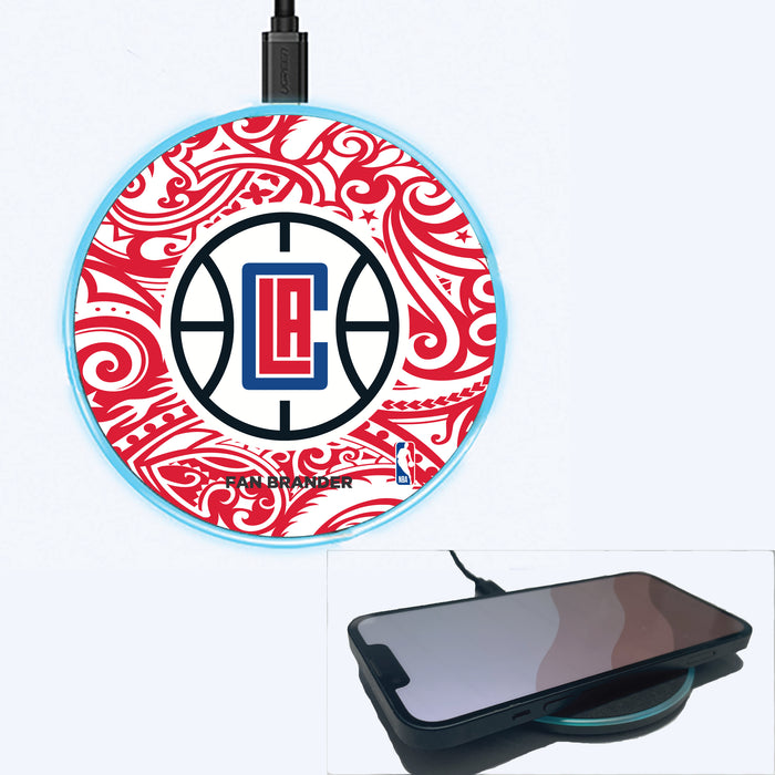 Fan Brander Grey 15W Wireless Charger with LA Clippers Primary Logo With Team Color Tribal Background
