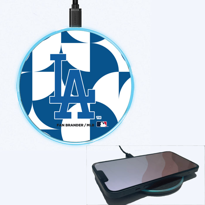 Fan Brander Grey 15W Wireless Charger with Los Angeles Dodgers Primary Logo on Geometric Circle Background