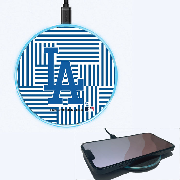 Fan Brander Grey 15W Wireless Charger with Los Angeles Dodgers Primary Logo on Geometric Lines Background