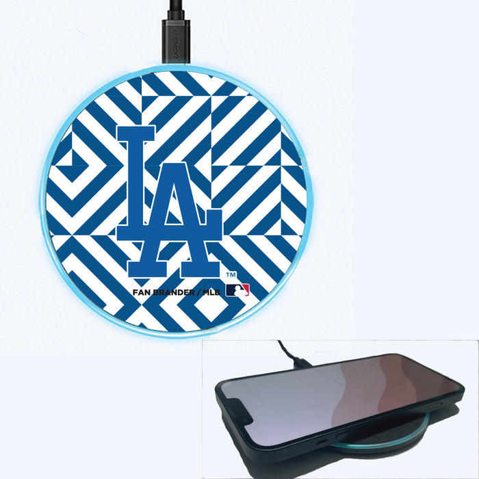 Fan Brander Grey 15W Wireless Charger with Los Angeles Dodgers Primary Logo on Geometric Diamonds Background