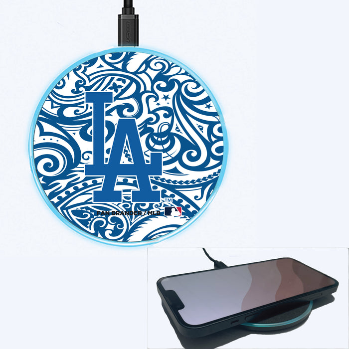 Fan Brander Grey 15W Wireless Charger with Los Angeles Dodgers Primary Logo With Team Color Tribal Background