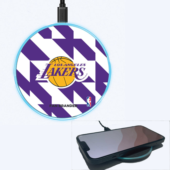 Fan Brander Grey 15W Wireless Charger with LA Lakers Primary Logo on Geometric Quad Background